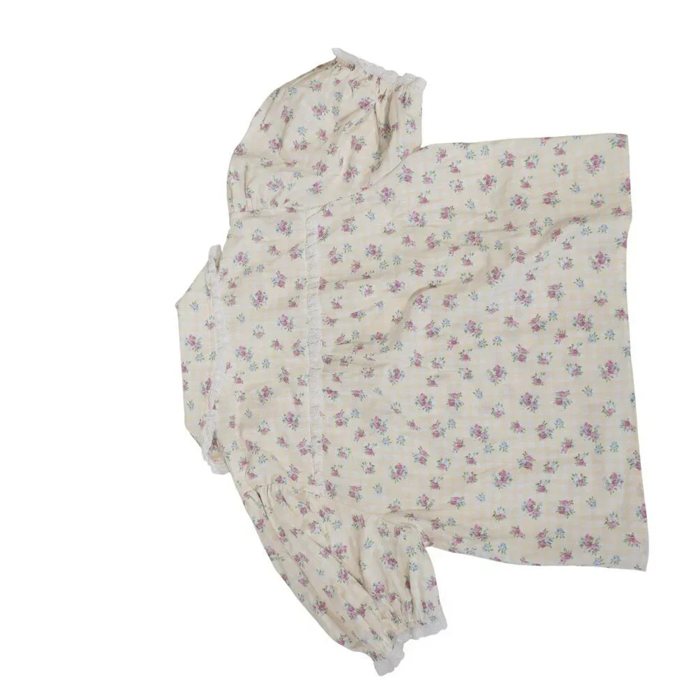 Cottage Core Peach Love Yellow and White Gingham Floral Top SZ S Puff Sleeve - Picture 8 of 13